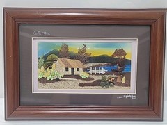 VTG ALAJUELA COSTA RICA ORIG. COLLAGE PAINTING RAFAEL RODRIGUEZ LANDSCAPE FRAMED