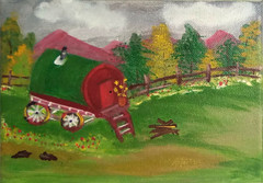 Gypsy Caravan Traveler, Original Acrylic On Canvas Painting 5″ x 7″ by Jayne