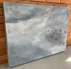 Vintage 80s Gray Black Birds Clouds Oil Painting Modern Art Wall Hanging Kistler