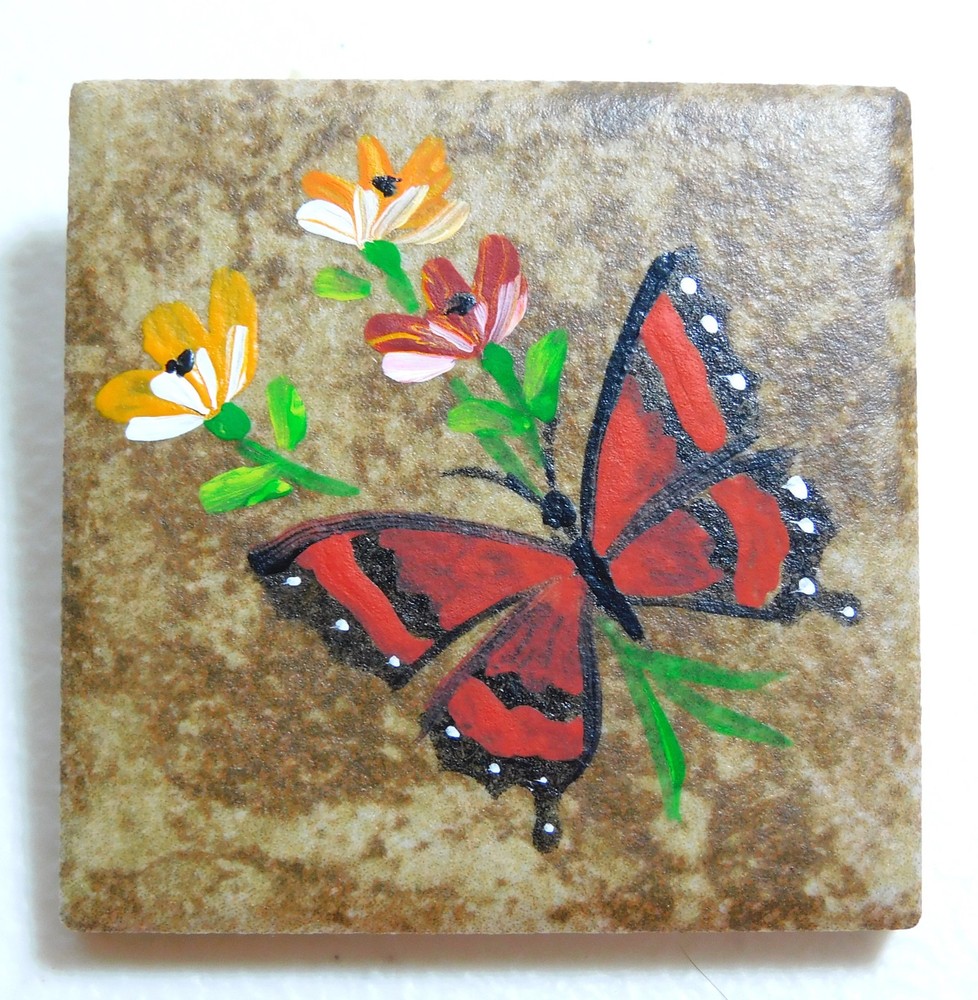 Butterfly &Flowers Hand Painted on Ceramic Tile Magnet Art by Rain Crow