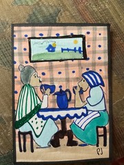 ACEO watercolor art by PJ, art card 2.5 x 3.5: tea time friends.