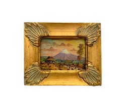 Volcano Painting Peruvian Landscape Original Mini Oil on Board Vintage Folk Art