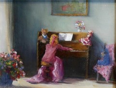 Little Girl, Piano, Toys 6×8 original oil painting, Maine Artist, Celene Farris