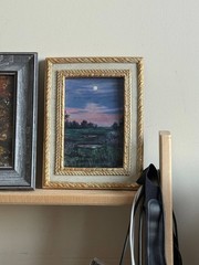 Miniature Moon Landscape Painting Original Night Vintage Ornate Frame Art Purple