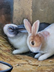 Vintage Oil Painting Two Rabbits with Framed Canvas Art Signed Gold Gild Frame