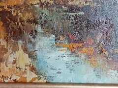 Vtg Impressionist painting oil canvas „Forest Interior with Pond“ signed illeg.