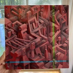 Oil Painting Abstract Isometric 8”x8” On Birch Panel