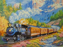 FRAMED TRAIN PAINT BY NUMBER signed Steve Davis rustic wood frame matte glass