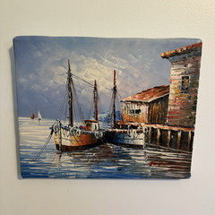 Signed Nautical Harbor Boats Seascape Canvas Painting