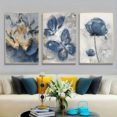 3pcs Blue Butterfly Oil Painting Modern Art Abstract Minimalist Painting Artwork