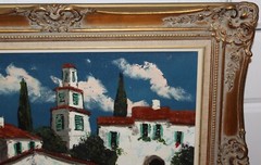 Vintage Oil Painting On Canvas Signed SANCHEZ Mexico Village Scene Buildings