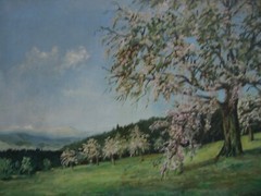W.Pellmann Kirschblütenbäume Meadow Alps Clouds Valley Mountain Antique Signed