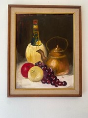 Vintage Signed Original Still Life Oil On Canvas Fruit and Wine Painting 14X18