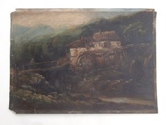NY Hudson River School Painting Stone Grist Mill Mountain Gorge 19th C. Artist