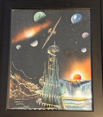 Vintage DANIE ROSAS Original SprayPaint Art 2002 Si-Fi Landscape Tower, Planets