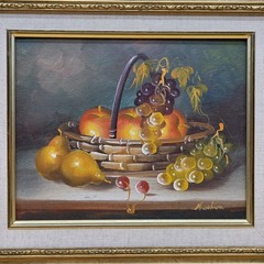 Vintage Still Life Oil Painting Fruit Basket Apple Pear Grapes Framed Art Signed