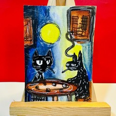Black Cats Moonlight Night ACEO Original Abstract Folk Art Acrylic Painting OOAK