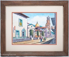 Lovely Vintage Painting of Puerto Vallarta Cityscape Illegibly Signed 16.5×20.5″