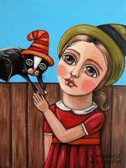 Mexican & Original Folk Art. „GIRL WITH BLACK CAT“. 6″x8″ Stretched Canvas
