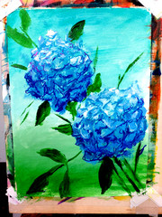 LOVELESS – „BLUE HYDRANGEAS“ 11 X 15 acrylic on gallery paper