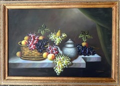 Old Master Style Original Fruits Still Life Oil Painting on Canvas Pewter Pitche