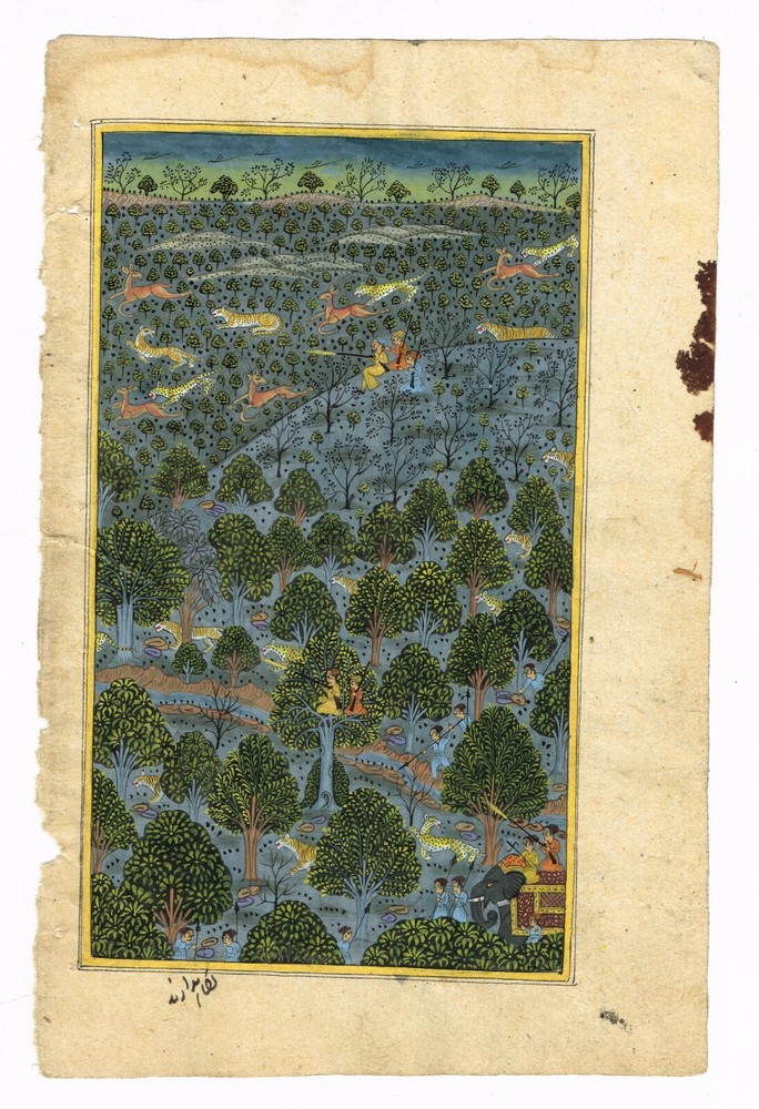 Indian Hunting Art Painting Of Emperor Shooting The Tiger And Deer 6×9.5 Inches