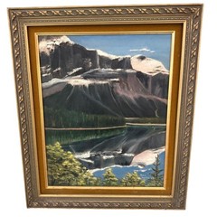Vintage Oil Painting Mountain Lake Landscape – Signed Anne Matthews – Framed