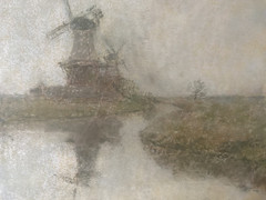 Pastel Signed Mill By The Water Reflection Autumn Misty