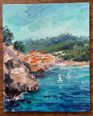 Original Acrylic Painting Seascape Sea Ocean Sailboat on Canvas Board – 8×10 in