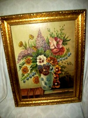 1920s FLORAL OIL PAINTING GILT WOOD ANTIQUE FRAME AP BURATTI STUNNING ITALIAN