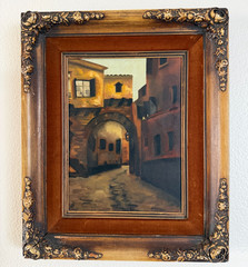 Vintage European or Mediterranean Street Scene Landscape Oil Painting Framed Art