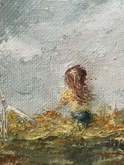 Vintage Mini Oil Painting on Masonite Board Signed „Keuga(?)“ Girl in Field
