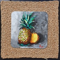Still Life Fruit Painting Kitchen Original Wall Art Tropical Pineapple Modern