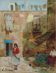 Vintage Italian Oil Painting, Village Street Market Scene South of Italy, Signed