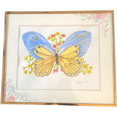 Whimsical Butterfly and flowers water color on paper painting matter framed gift