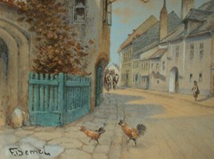 Franz Demel (1878-1947) street with spring fich and two-man team.
