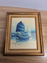 P. Wong Asian Harbor Boat Scene Acrylic Painting Signed