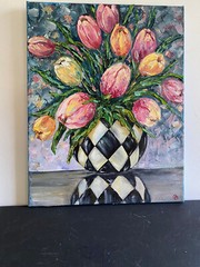 ORIGINAL OIL Painting TULIPS IN VASE impasto 14″x 11″ by Olga Diduh.