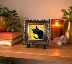 Black Cat with Gold Background Mini Oil Painting, Original Cat Art, Dopamine Art
