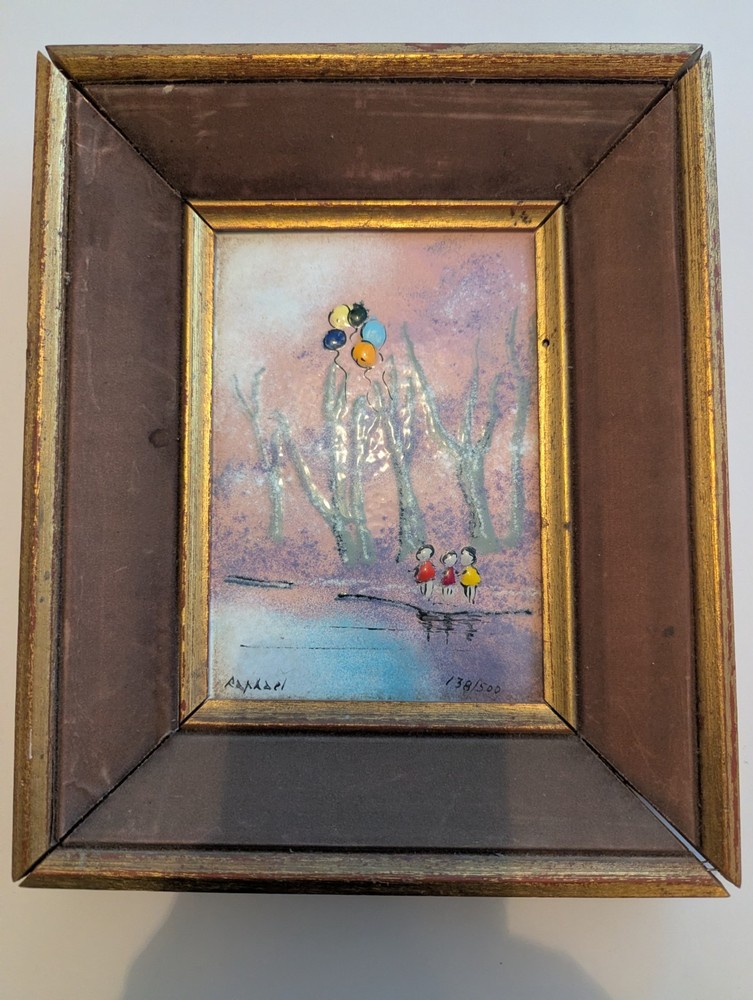 Raphael Esterida Painting of Children with Balloons , Enamel on Copper VTG