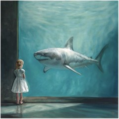 Lauren Pretorius Girl With Shark original oil painting on wood, 16” x 16”