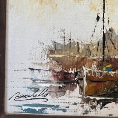 Vintage 1960’s Italian Oil Painting Boats In Harbor Scene Framed and Signed