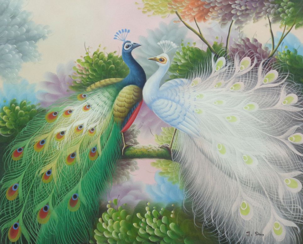 20×24 Beautiful Green and White Peafowls Standing on Tree Branch Oil Painting