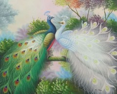 20×24 Beautiful Green and White Peafowls Standing on Tree Branch Oil Painting