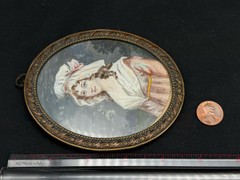 Antique Watercolor Miniature Portrait of a Lady with Bronze Frame