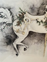 STACY BAUMGARDNER “SEASONS” WINTERS STEED” CAROUSEL LITHO PRINT MATTED FRAMED