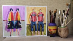 Original Naive Art Twins Girls Portrait Business Women Colorful Painting People