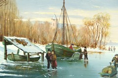 vintage oil on panel, dutch landscape ice skating people on river 20thC unsigned