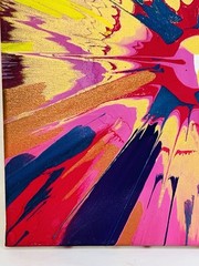 Original spun acrylic painting on 12″x12″ canvas stretcher, vivid colors