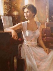 Resting at the Piano – Original oil painting on canvas,  23 3/4x 27 1/4”